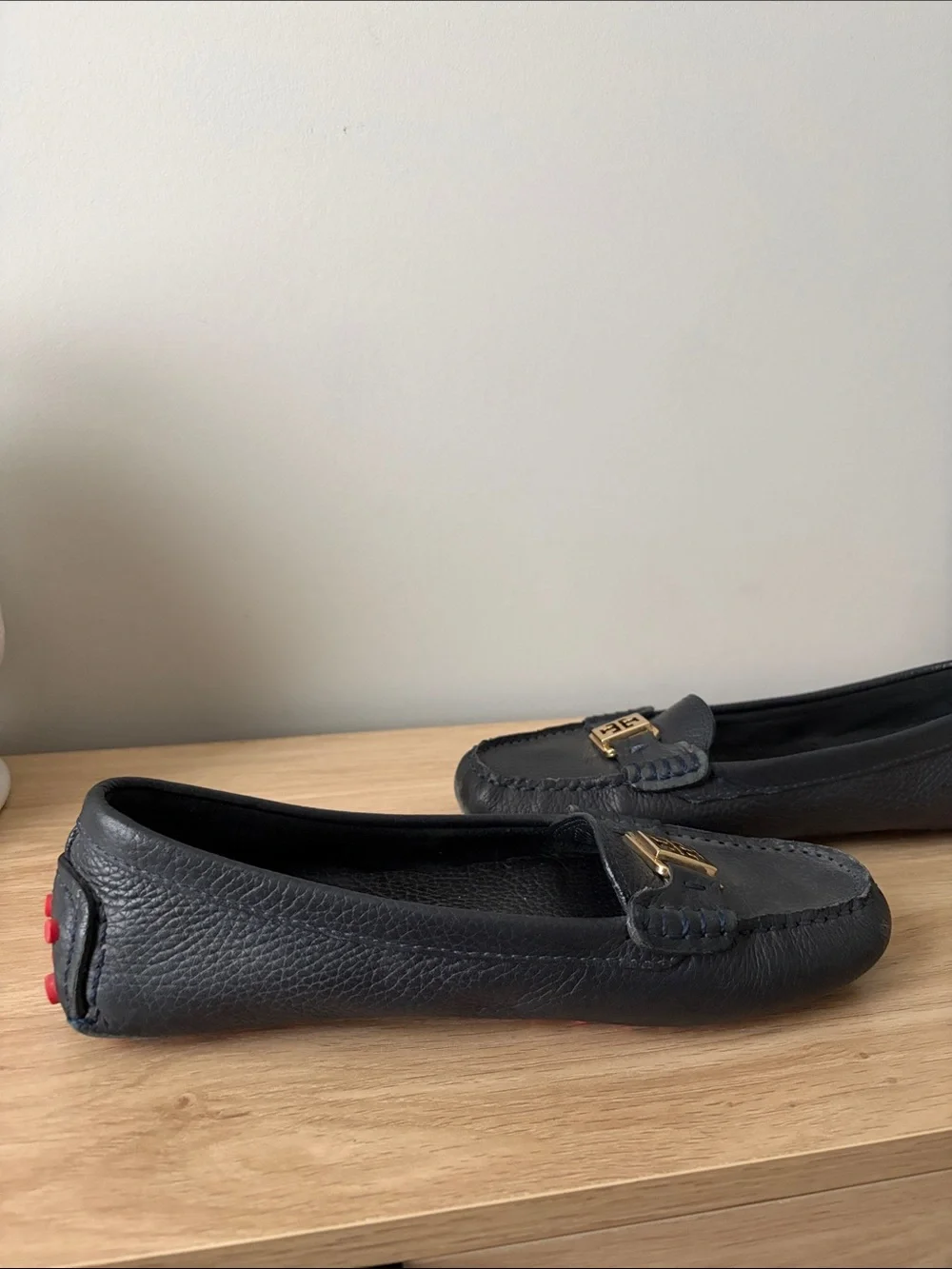 Tory Burch Navy Leather Loafers with Gold Logo Accent